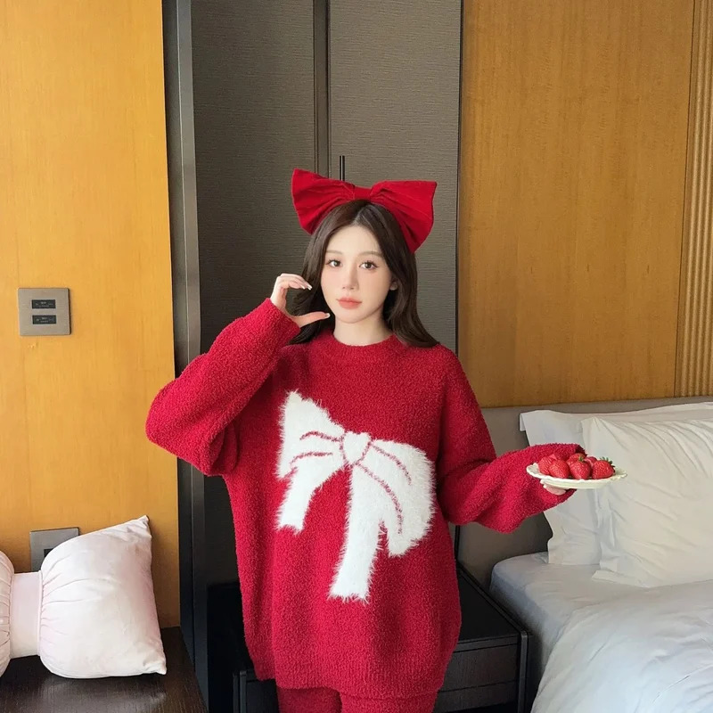 Winter Clothing Youtube - Cartoon Bowknot Christmas Pajamas Long Sleeve