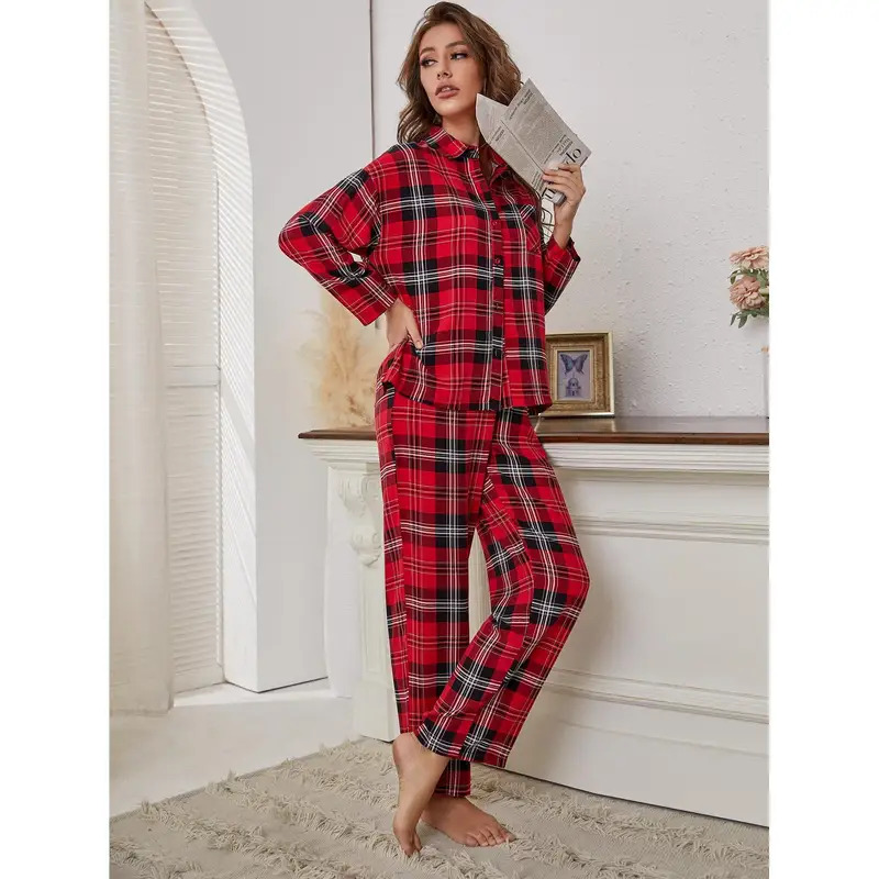 Winter Clothing Youtube - Red Plaid Pajamas Long Sleeve Lapel
